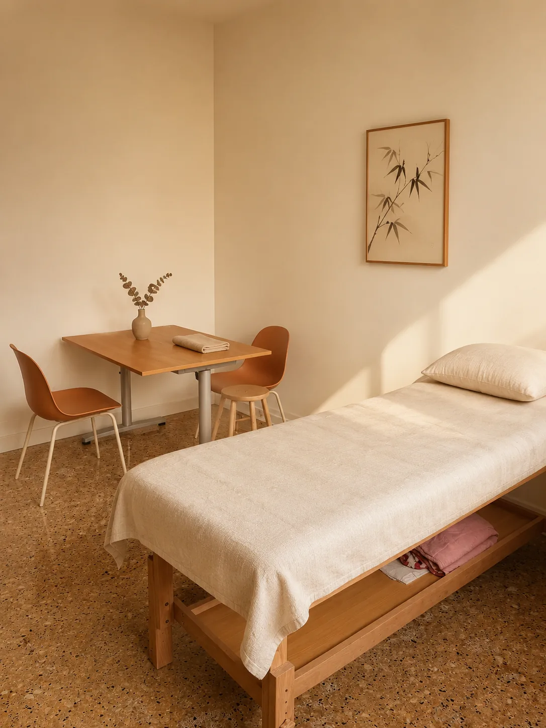 Angolo dello studio: lettino con coperta in lino, due sedie in tonalità rame, vaso in ceramica sulla scrivania e stampa minimale di bambù alla parete.