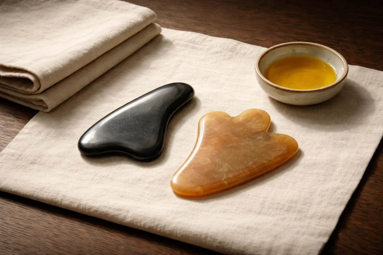 Strumenti per il Gua Sha: pietra bian e raschietto in giada disposti su lino, accanto a una ciotola di olio.