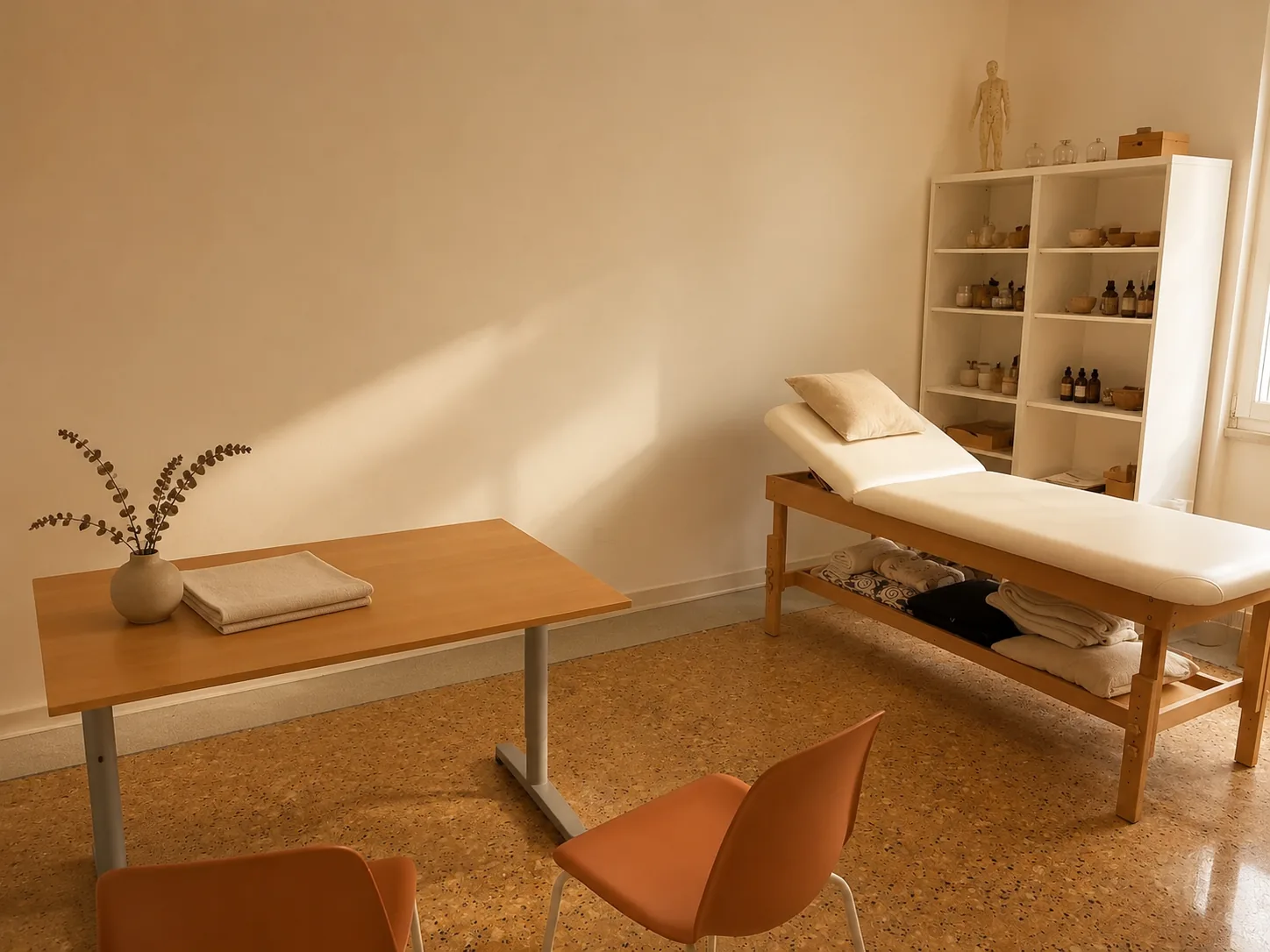 Sala trattamenti dello studio: lettino in legno chiaro, scaffalatura con strumenti di medicina tradizionale cinese, luce naturale calda dalla finestra.